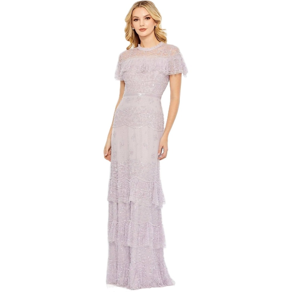 Mac Duggal 9195 Lavender Sequin Floral Lace Tiered Gown Ruffle‎ Capelet Maxi